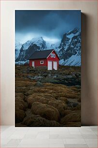 Πίνακας, Red House in Snowy Mountains Κόκκινο Σπίτι στα Χιονισμένα Όρη