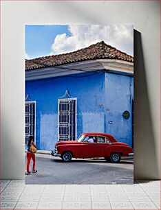 Πίνακας, Red Vintage Car in Blue Street Κόκκινο εκλεκτής ποιότητας αυτοκίνητο στην μπλε οδό