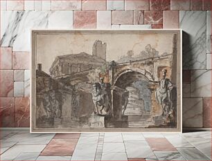 Πίνακας, "Roman" prospect with bridge, temple ruins and equestrian statue by Jens Petersen Lund