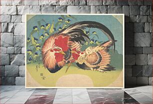 Πίνακας, Rooster, Hen and Chicken with Spiderwort (1830–3183), Japanese Woodblock print, ink and color on paper