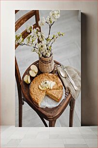 Πίνακας, Rustic Apple Pie and Blossoms on Wooden Chair Χωριάτικη μηλόπιτα και άνθη σε ξύλινη καρέκλα