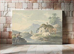Πίνακας, Rustic Scene: man fishing, left; cottage with water-mill and horses right