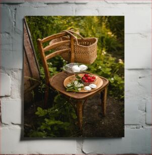 Πίνακας, Rustic Strawberries and Flowers on a Wooden Chair Ρουστίκ φράουλες και λουλούδια σε μια ξύλινη καρέκλα