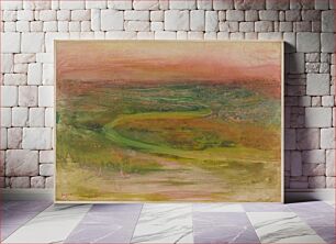 Πίνακας, S-shaped path in an abstracted landscape; greens; pinks in foreground, LLQ; rust-oranges in spots scattered throughout; pinkish-orange sky