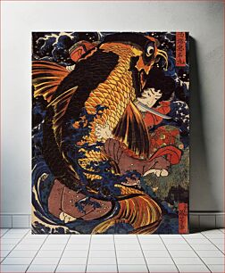 Πίνακας, Saito Oniwakamaru the young Benkei fights the giant carp at the Bishimon waterfall