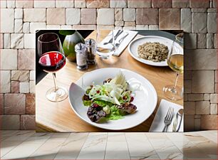 Πίνακας, Salad and Wine on Wooden Table Σαλάτα και κρασί σε ξύλινο τραπέζι