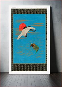 Πίνακας, Sarus crane flying above turtle in the sea, vintage painting by G.A. Audsley-Japanese illustration