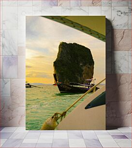 Πίνακας, Scenic Boat Ride by a Rock Formation Γραφική βόλτα με βάρκα δίπλα σε σχηματισμό βράχου