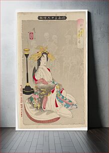 Πίνακας, Seated woman wearing headdress with yellow bird and white kimono with pattern of figures on back, lined with red print; burning yellow and black lantern at left; grey ground with pale silhouettes of large and sm