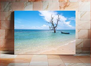 Πίνακας, Serene Beach with Tree and Boat Γαληνή παραλία με δέντρο και βάρκα