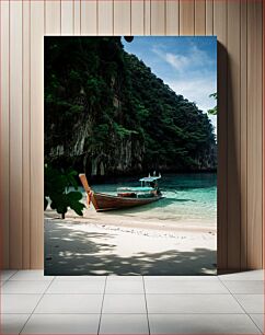 Πίνακας, Serene Beach with Wooden Boat Γαλήνια Παραλία με Ξύλινη Βάρκα