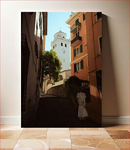 Πίνακας, Serene European Alley with Church Tower Γαλήνιο ευρωπαϊκό δρομάκι με τον πύργο της εκκλησίας