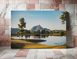 Πίνακας, Serene Lakeside with Mountain View Γαλήνια παραλίμνια με θέα στο βουνό