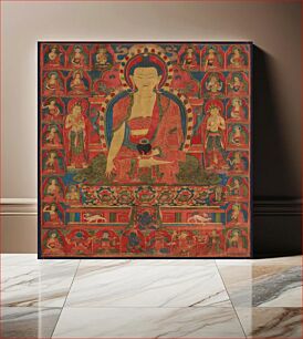 Πίνακας, Shakyamuni seated on a throne, flanked by 2 Bodhisattvas and surrounded by 8 rows of seated deities and monks; red, gold, green and blue