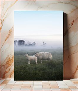 Πίνακας, Sheep and Lamb in Misty Field Πρόβατο και αρνί στο Misty Field