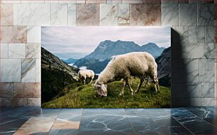 Πίνακας, Sheep Grazing in Mountain Landscape Πρόβατα που βόσκουν στο ορεινό τοπίο