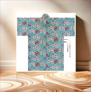 Πίνακας, Short robe with white blossom pattern over patterned background consisting of blue and red swastikas; fabric tie attached to PR side and PL opening edge