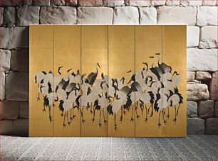 Πίνακας, Six panel screen; dense flock of white cranes, and a few cranes with darker feathers against gold background