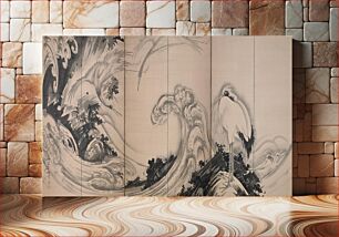 Πίνακας, Six panel screen, left group; large, swirling waves crashing against jagged rock formations in foreground; crane at UL swoops away from crest of wave; crane near top center swooping downard towards waves; crane