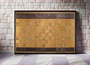 Πίνακας, Six panel screen with small paper leafs containing calligraphy or colorful images from the Tale of Genji against gold foil background painted with green grid patterns; tarnished silver and blue boarders across t