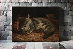Πίνακας, Sleeping grey cat and a rat, 1864, by Adolf von Becker