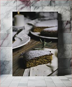 Πίνακας, Slice of Cake on a Wooden Table Φέτα κέικ σε ξύλινο τραπέζι