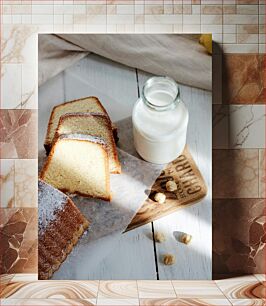 Πίνακας, Sliced Vanilla Cake with Milk Κέικ βανίλιας σε φέτες με γάλα