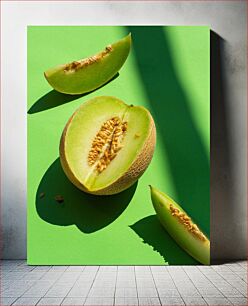 Πίνακας, Slices of Melon on Green Background Φέτες πεπονιού σε πράσινο φόντο