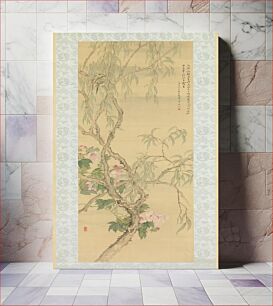 Πίνακας, Small Birds on a Willow Branch and Hibiscus Blossoms by Tsubaki Chinzan