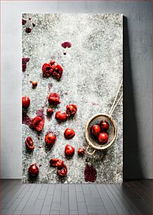 Πίνακας, Smashed Cherries on Grey Surface Σπασμένα κεράσια σε γκρίζα επιφάνεια