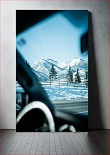 Πίνακας, Snow-covered Mountain View from Car Χιονισμένη θέα στο βουνό από το αυτοκίνητο