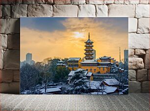 Πίνακας, Snow-Covered Pagoda at Sunset Χιονισμένη παγόδα στο ηλιοβασίλεμα