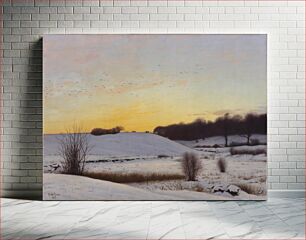 Πίνακας, Snow landscape with a hill. Sunset by Adolph Larsen
