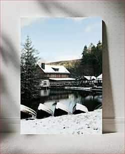 Πίνακας, Snowy Cabin by the Lake Χιονισμένη καμπίνα δίπλα στη λίμνη