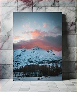 Πίνακας, Snowy Mountain at Sunset Χιονισμένο βουνό στο ηλιοβασίλεμα