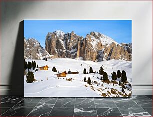 Πίνακας, Snowy Mountain Landscape with Wooden Cabins Χιονισμένο ορεινό τοπίο με ξύλινες καμπίνες