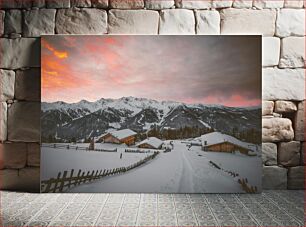 Πίνακας, Snowy Mountain Village at Sunset Χιονισμένο ορεινό χωριό στο ηλιοβασίλεμα