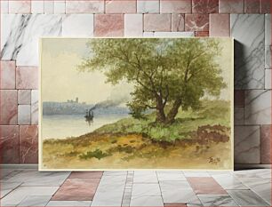 Πίνακας, Sommarlandskap med ett större lövträd i mitten samt en ångbåt, 1878, Lars Theodor Billing