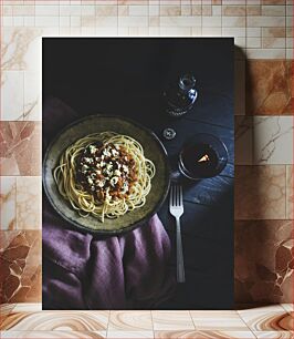 Πίνακας, Spaghetti and Wine on Table Σπαγγέτι και κρασί στο τραπέζι