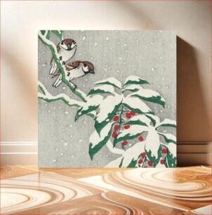 Πίνακας, Sparrows on snowy berry bush (ca. 1900–1945) by Ohara Koson