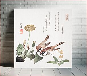 Πίνακας, Spring Rain Collection (Harusame shu), vol. 3: Sparrows and Dandelions (1820), Japanese traditional illustration by Teisai Hokuba