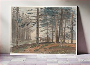 Πίνακας, Spruce forest with a road on which a horse-drawn carriage drives with a load of firewood.In the background a clearing in the forest by Johan Thomas Lundbye