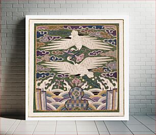 Πίνακας, Square panel of embroidered green silk; two white cranes at center with wings outward, facing each other, one above the other; pink, blue, purple, and tan clouds; abstracted wave motif at bottom with checkered p
