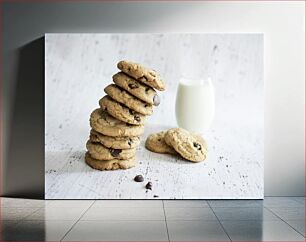 Πίνακας, Stack of Chocolate Chip Cookies with Milk Στοίβα μπισκότα σοκολάτας με γάλα