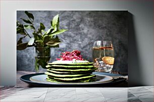 Πίνακας, Stack of Green Pancakes with Pickled Red Onions Στοίβα από πράσινες τηγανίτες με τουρσί κόκκινα κρεμμύδια