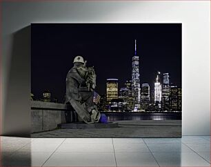 Πίνακας, Statue and City Skyline at Night Άγαλμα και στον ορίζοντα της πόλης τη νύχτα