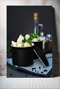 Πίνακας, Steaming Dumplings in Black Pot Ζυμαρικά στον ατμό σε Μαύρη Κατσαρόλα