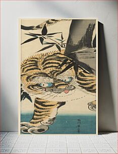 Πίνακας, Stepping orange tiger with tongue sticking out; grey bamboo trunk on R; off-white mat and light wood frame with plexi