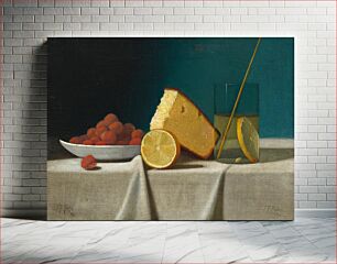 Πίνακας, Still Life with Cake, Lemon, Strawberries, and Glass (1890) by John Frederick Peto