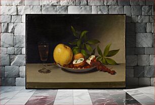 Πίνακας, still life with plate with yellow apple, two frosted cakes, brown berries and an orange fruit, with leaves behind plate; small stemmed glass with pale yellow beverage at L